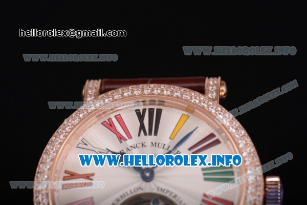 Franck Muller Color Dreams Swiss Tourbillon Manual Winding Rose Gold Case with Silver Dial Colorful Roman Numeral Markers and Diamonds Bezel (FT) - Click Image to Close